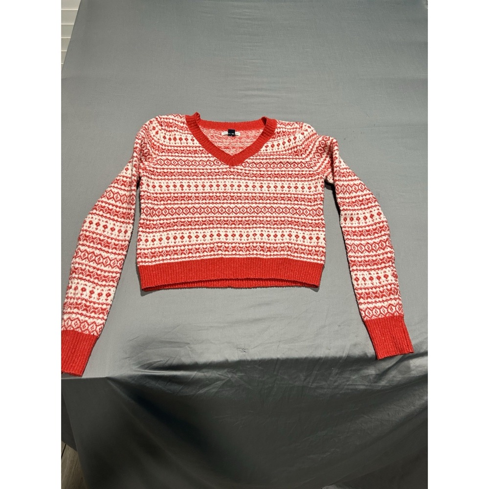 American Eagle‎ Winter Nordic Fair Isle Red/White Patterned Cropped Sweater M